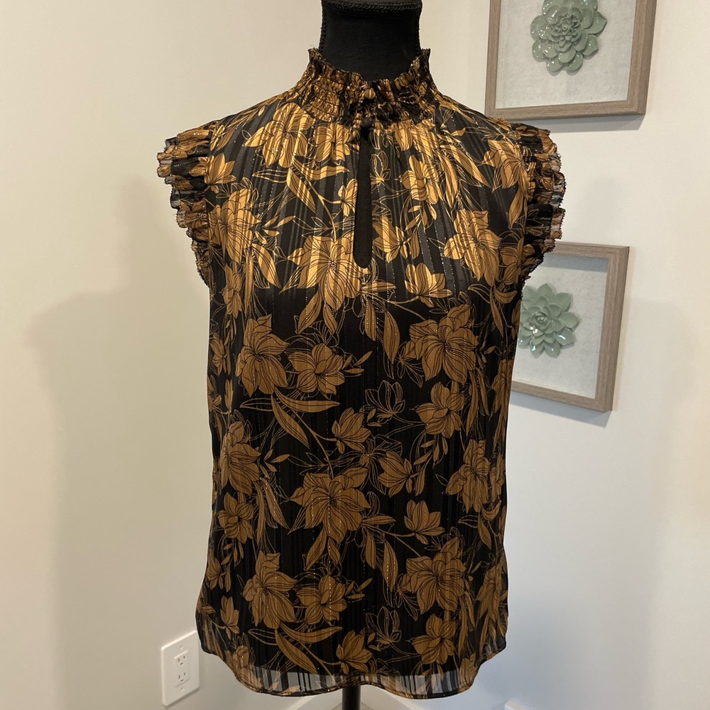 WHBM Floral Print Blouse with Metallic Accents & Ruffles EUC